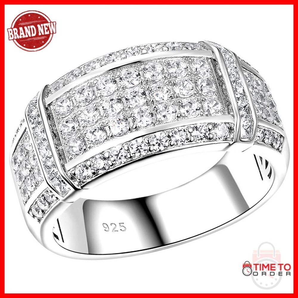 Men's Sterling Silver Wedding Band with Cubic Zirconia, Size 12